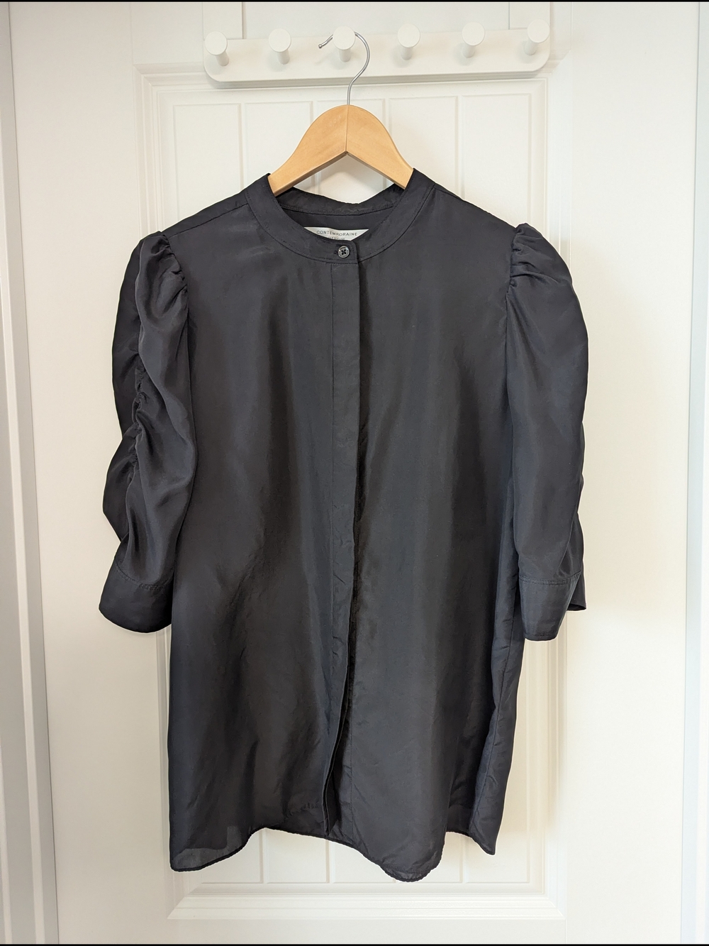 Simons Black Puff-Sleeve Button-Front Blouse 100% Silk Size S